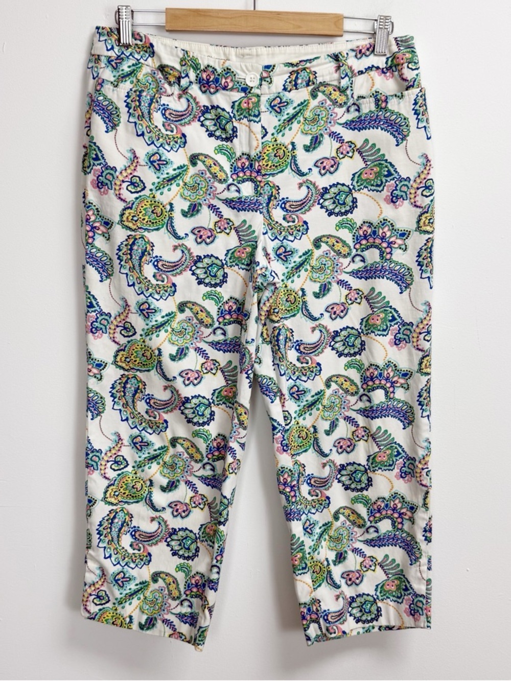 Talbots Perfect Skimmer Pants Capris Crops Womens 10 White Multicolor Paisley